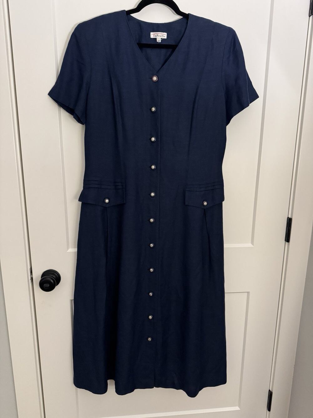 Talbots Y2K Linen Blend Button Up Dress SIZE 14 Navy Blue Faux Pockets